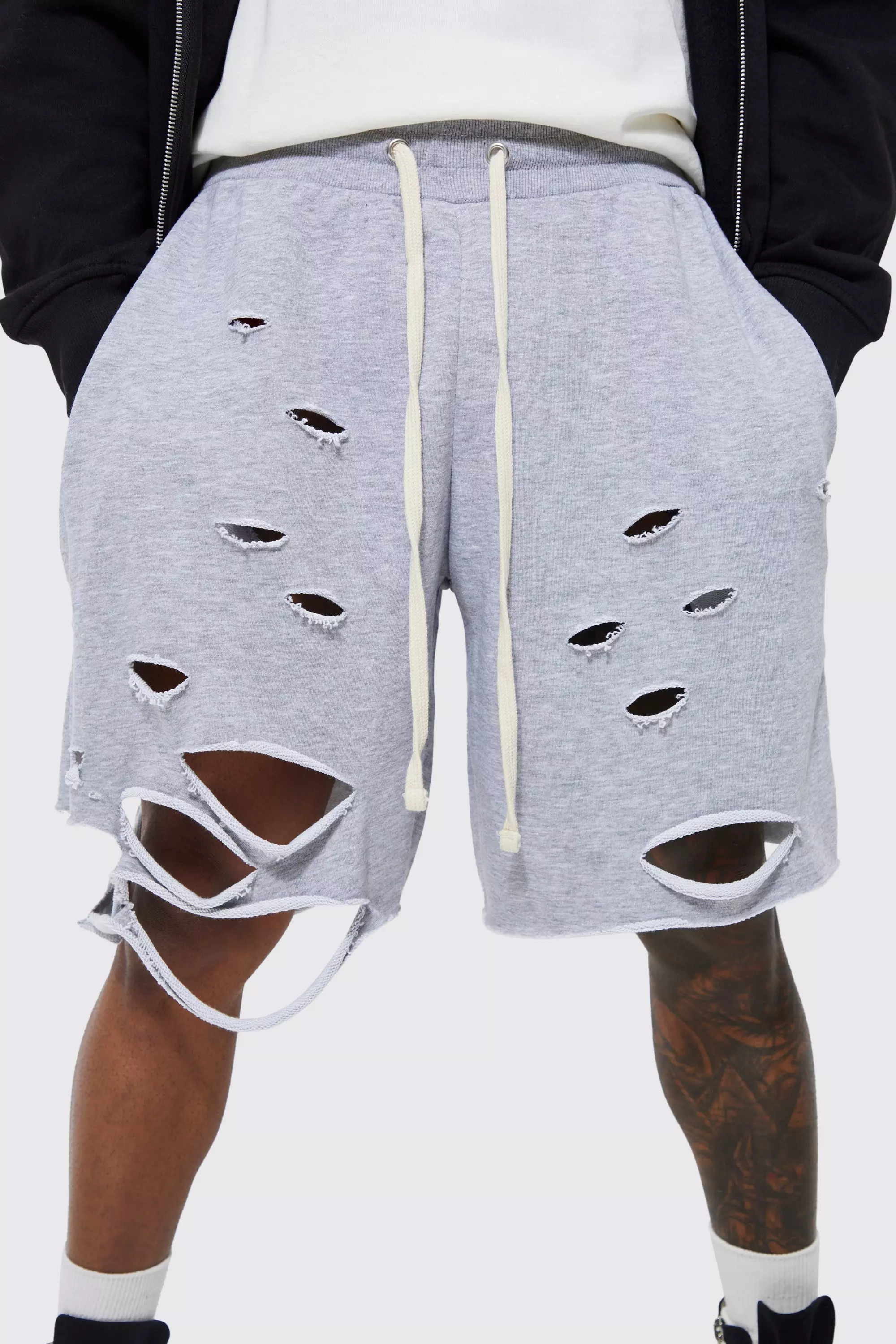 Oversized Distressed Loopback Sweat Shorts boohooMAN USA